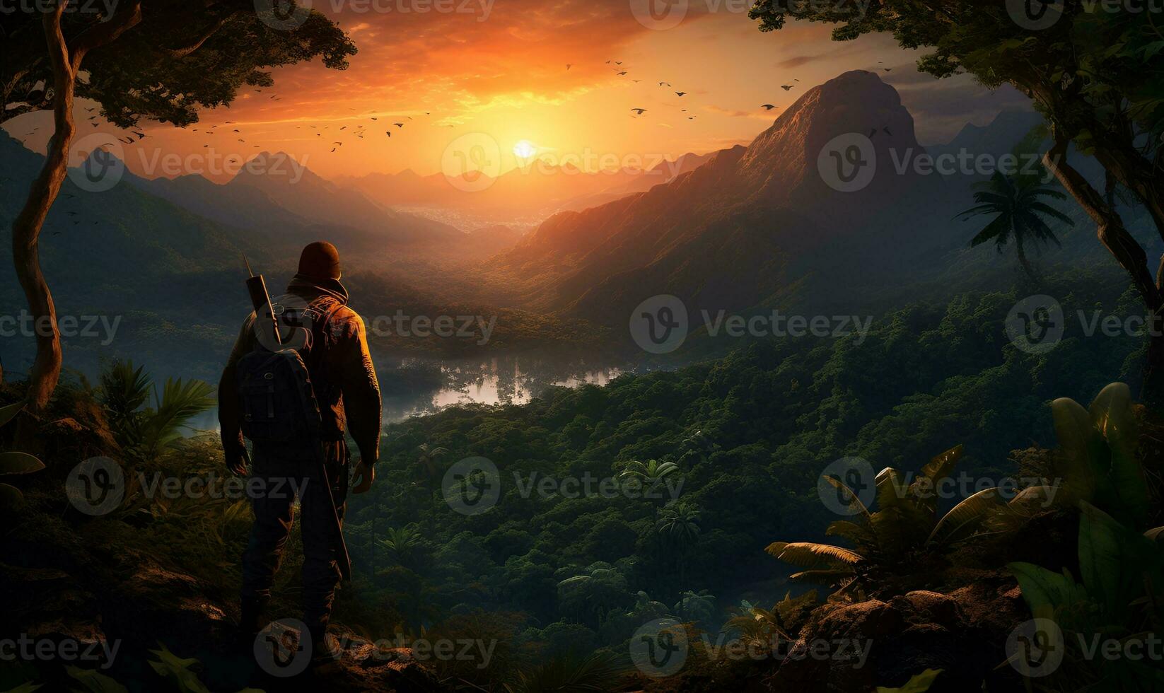 hunter at the forest man sunset ai generative photo