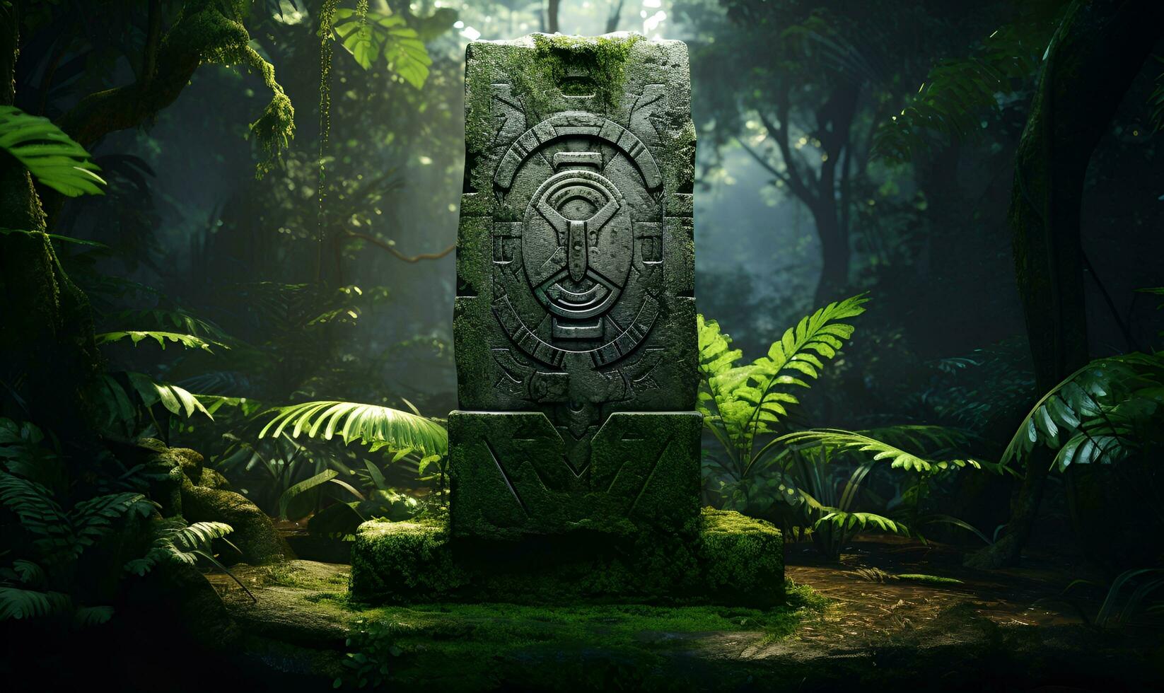 ancient inscriptions in old and mossy green rainforest generative ai photo