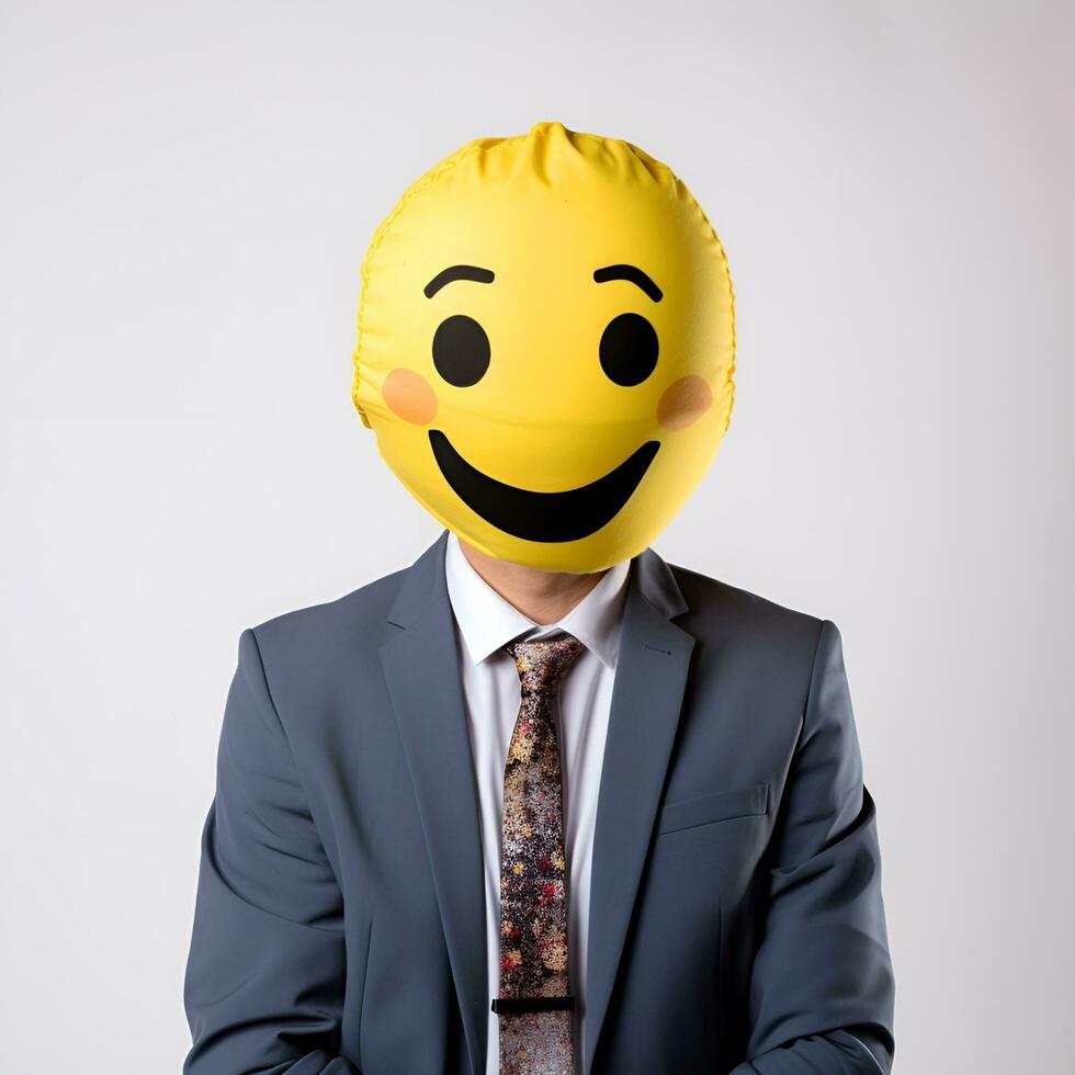 office worker covering face with happy smiling emoji on white background, generative ai photo