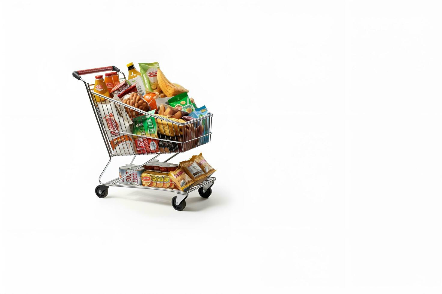 shopping trolley full of groceries white background copy space generative ai photo