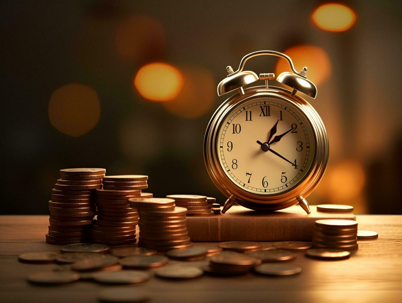 alarm clock and a pile of gold coins on the table ai generative photo