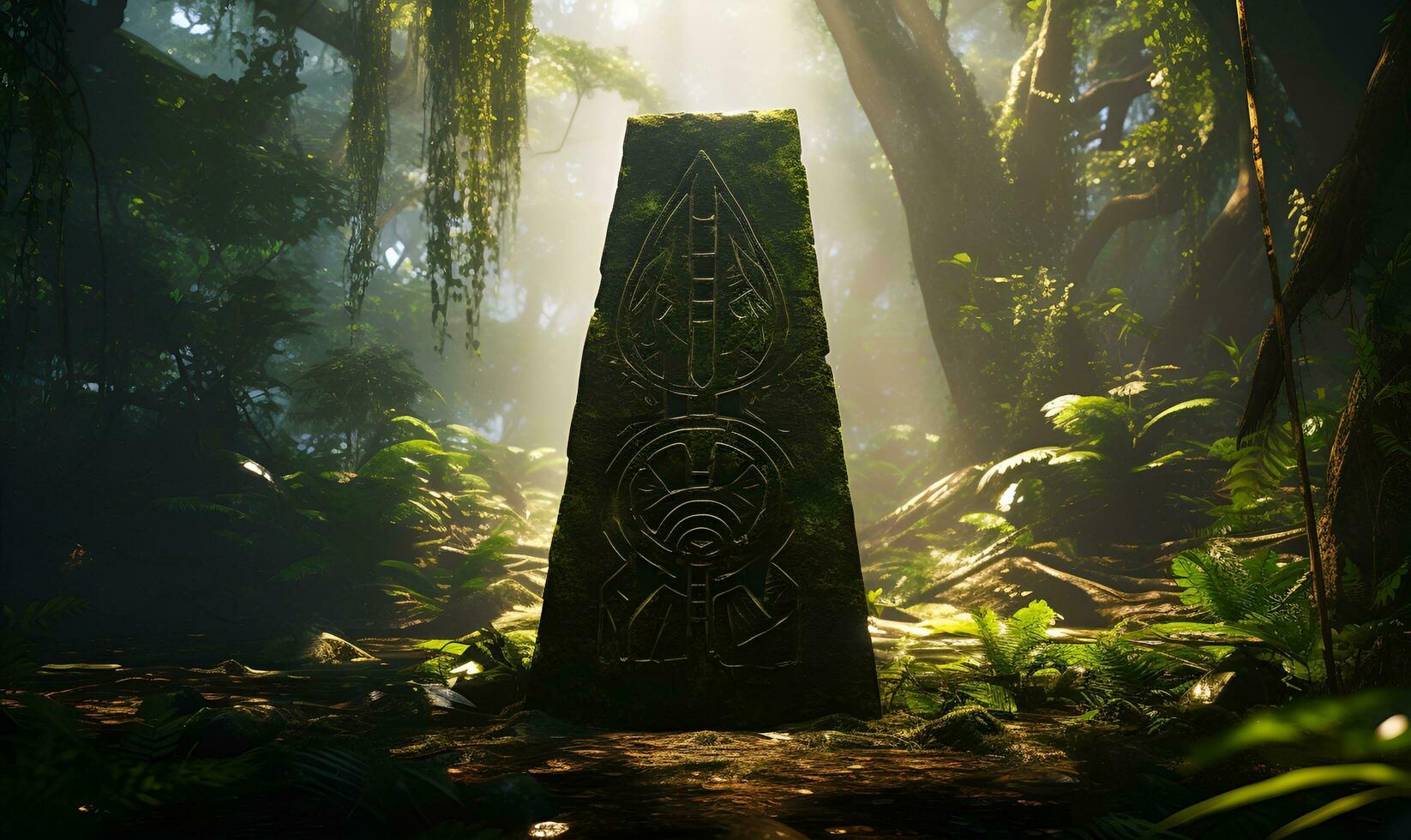 ancient inscriptions in old and mossy green rainforest generative ai photo