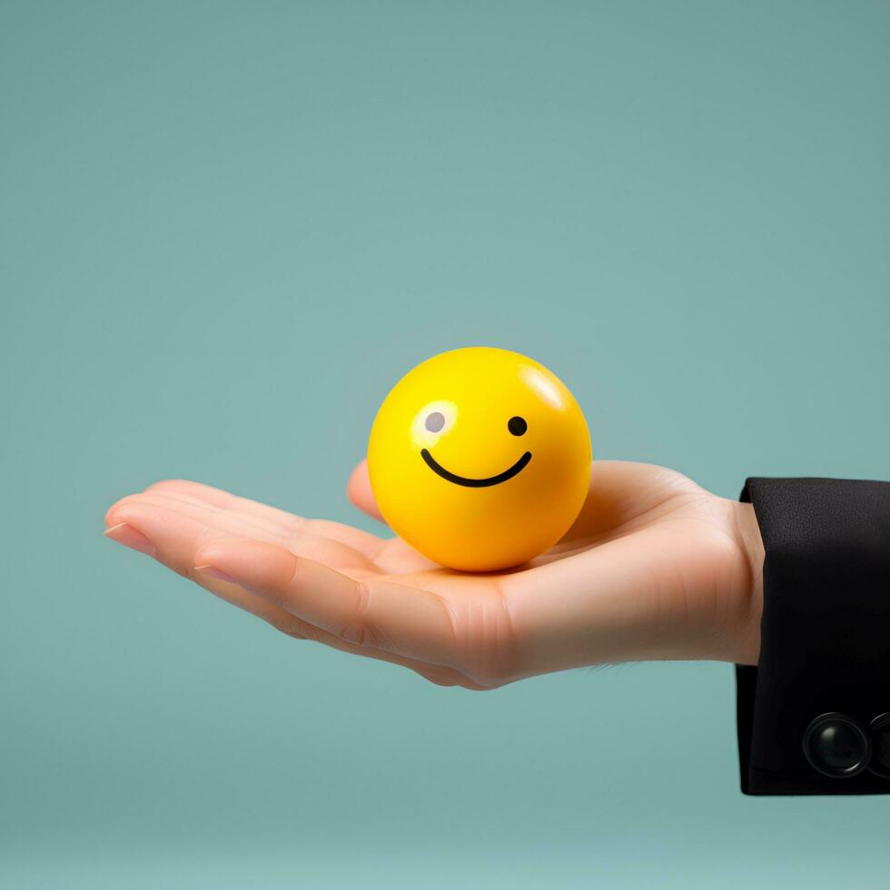 worker's hand holding a yellow smiling emoji ball, ai generative photo