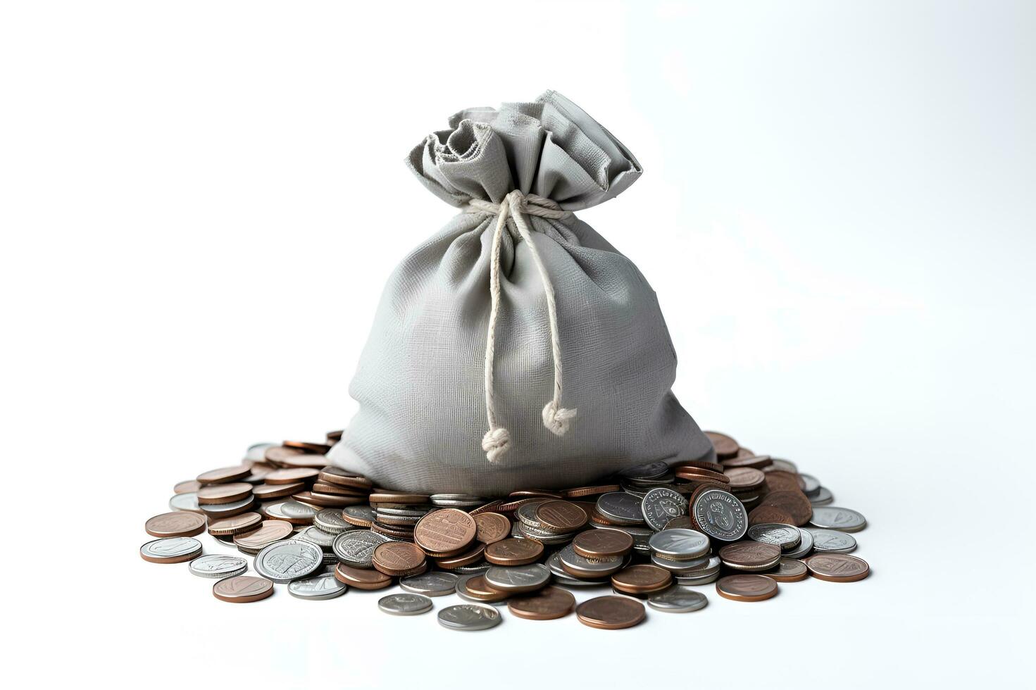 money bag over pile of coins white background ai generative photo