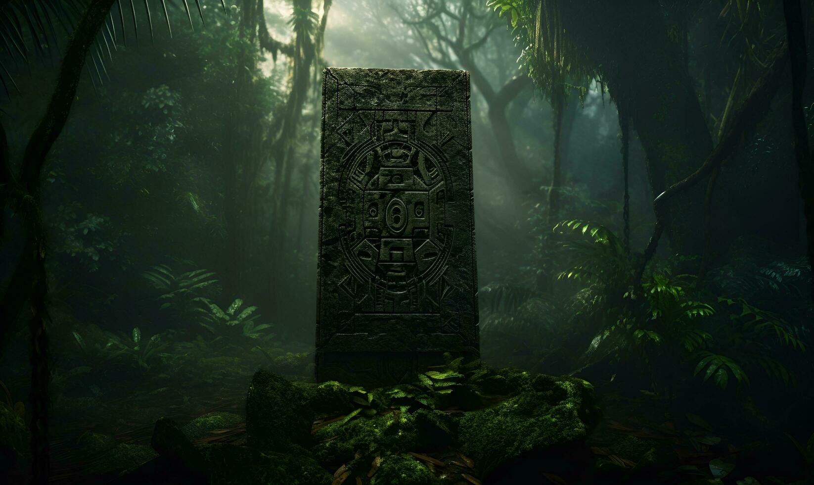 ancient inscriptions in old and mossy green rainforest generative ai photo