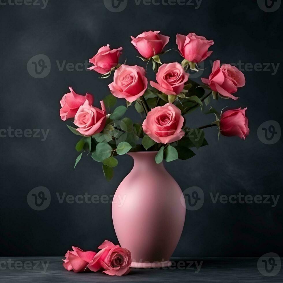 roses in a beautiful flower vase copy space, ai generative photo