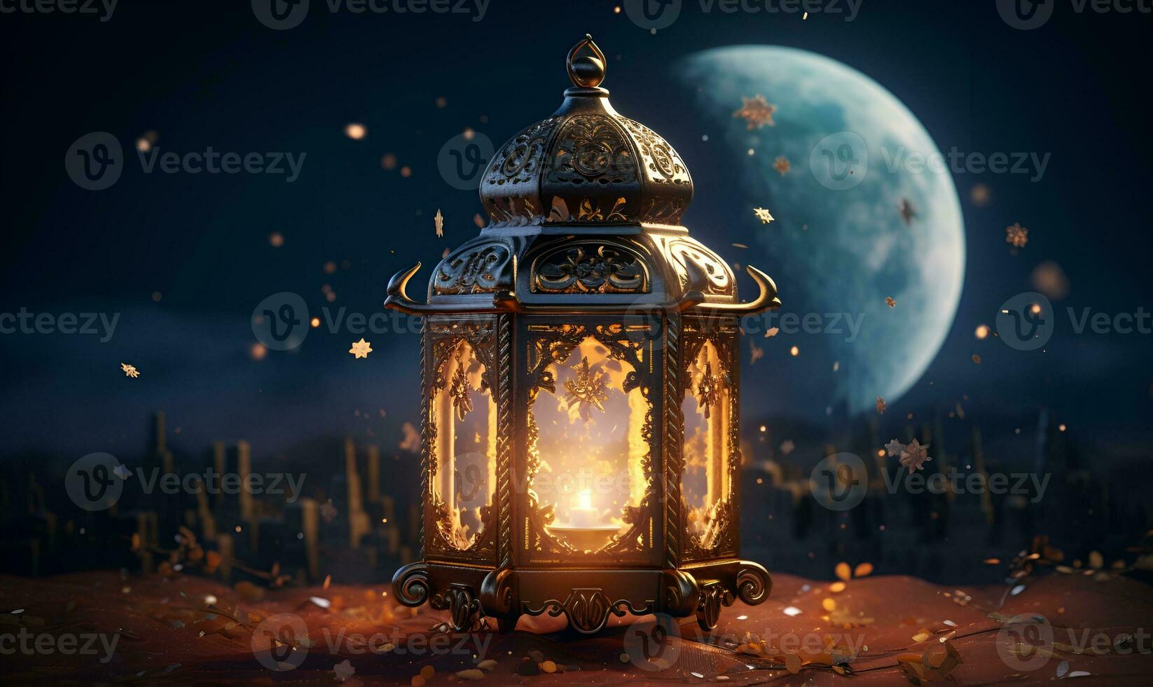 Islamic lantern with beautiful night sky background, ai generative photo