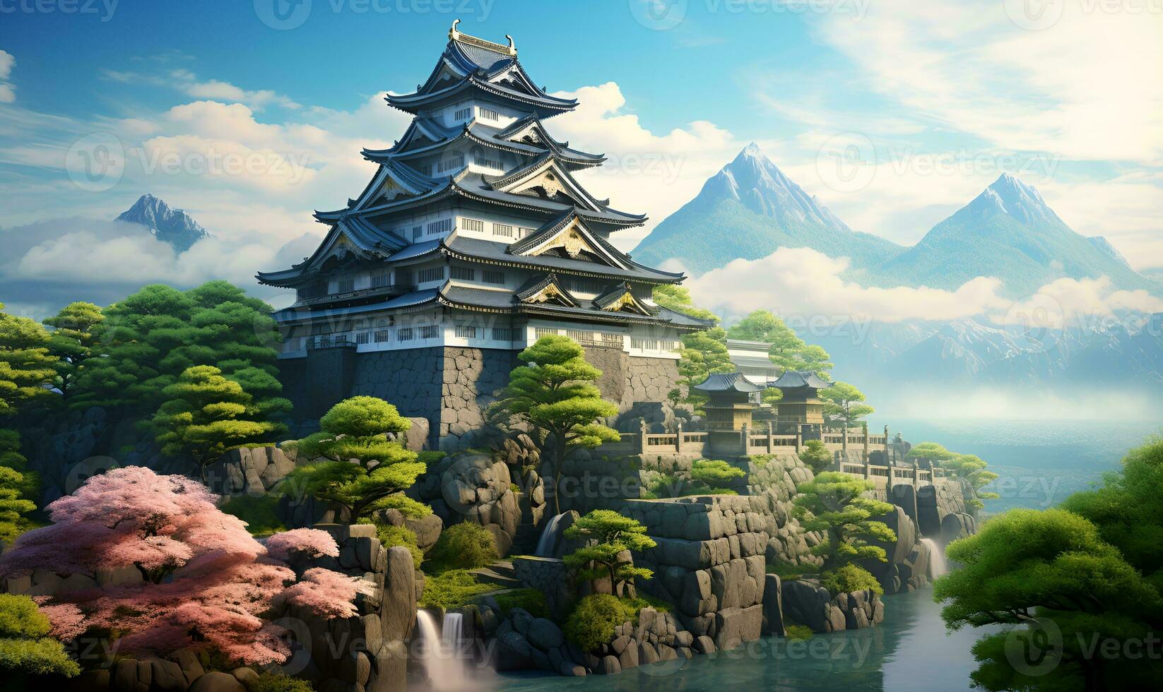japanese castle with great view, generative ai photo