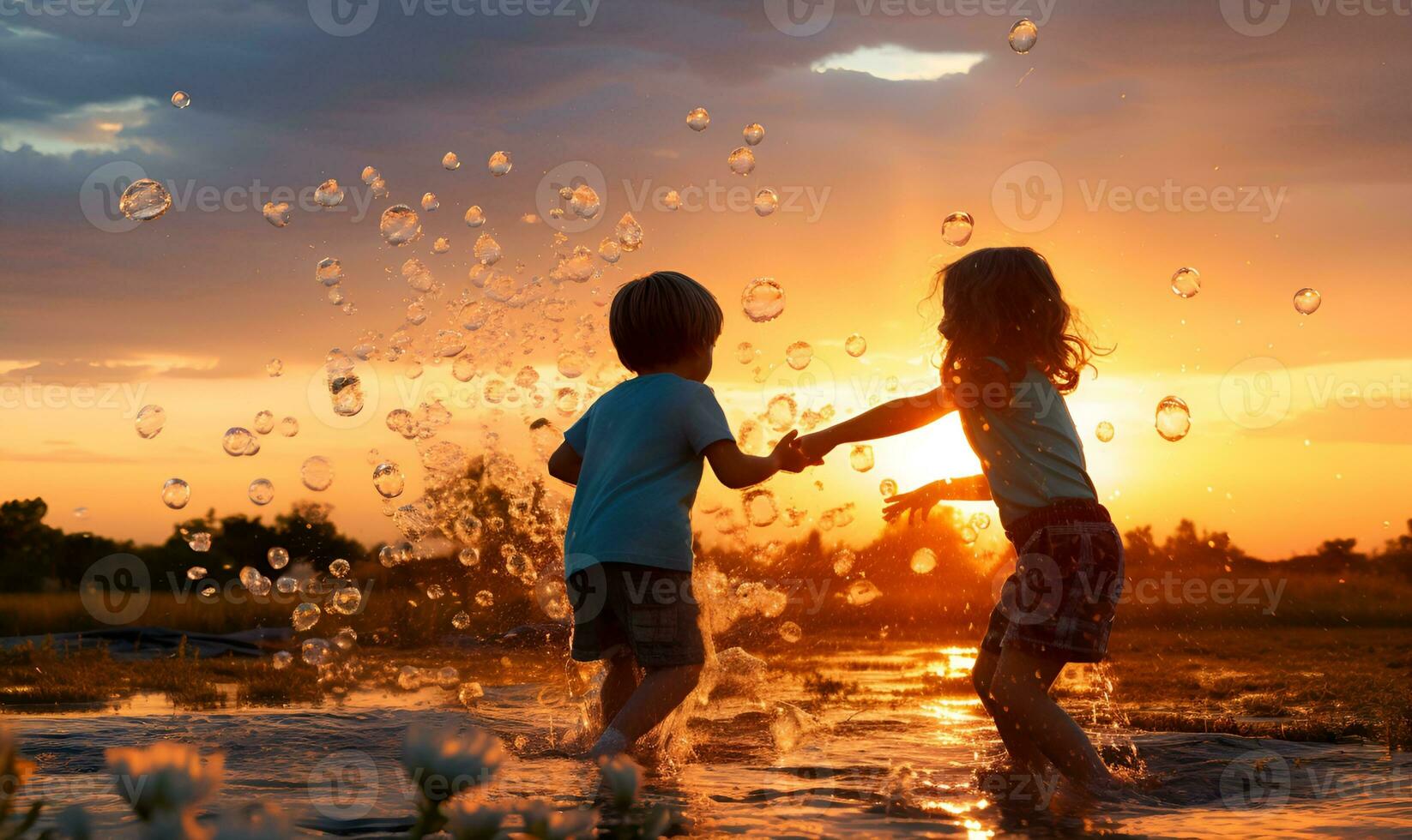 small children playing in the afternoon with a sunset background, generative ai photo