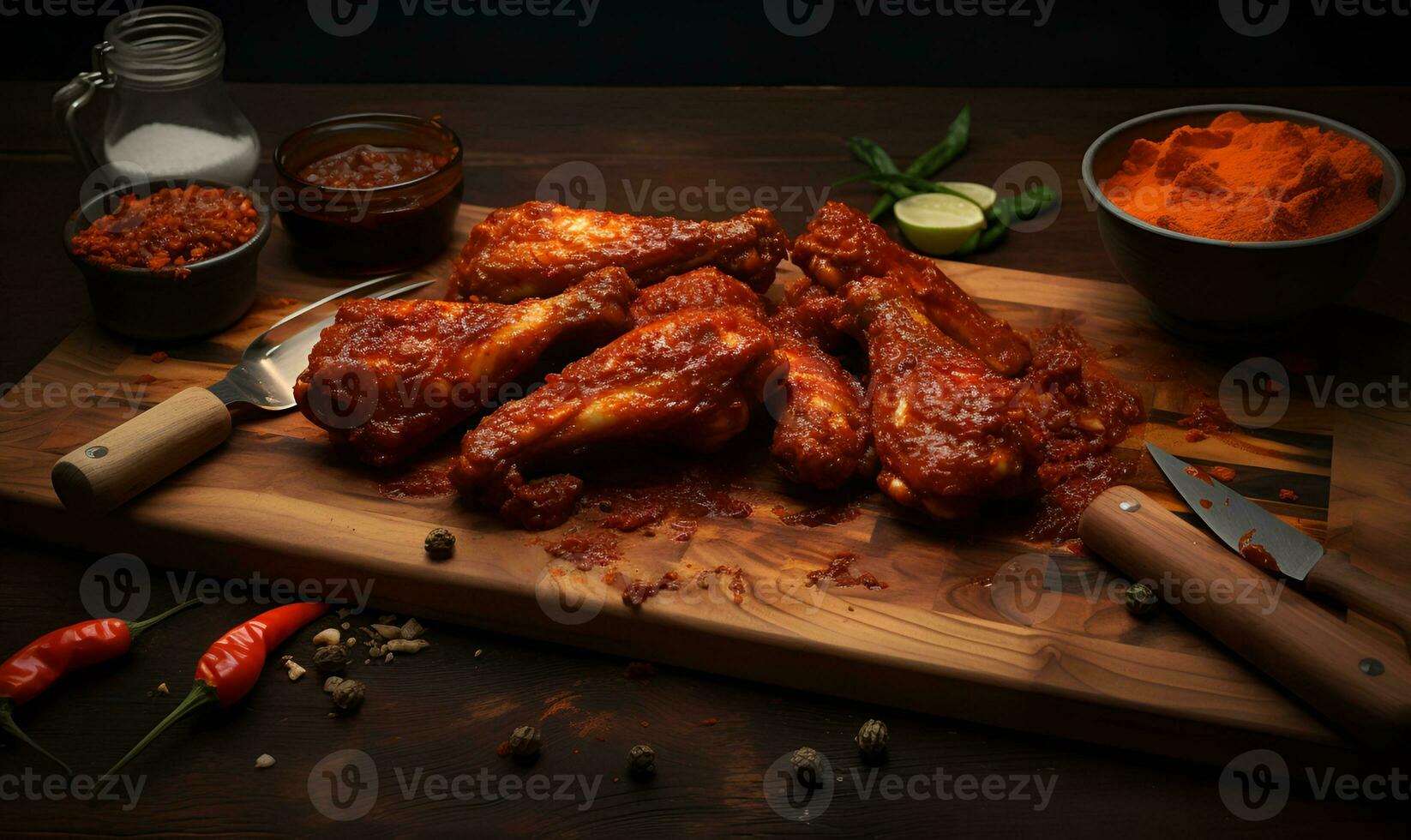 pieces of spicy chicken wings on the table, ai generative photo