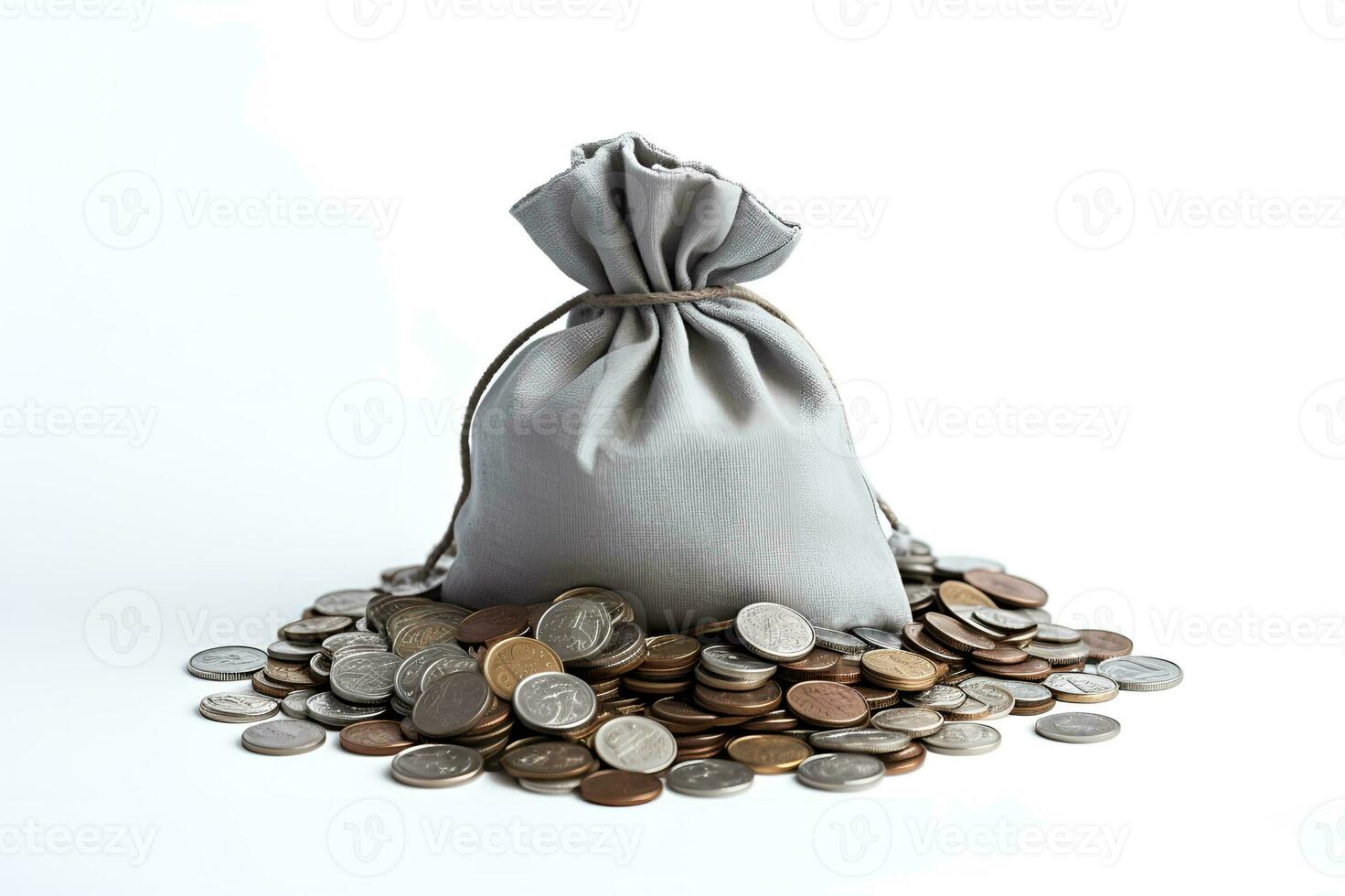money bag over pile of coins white background ai generative photo