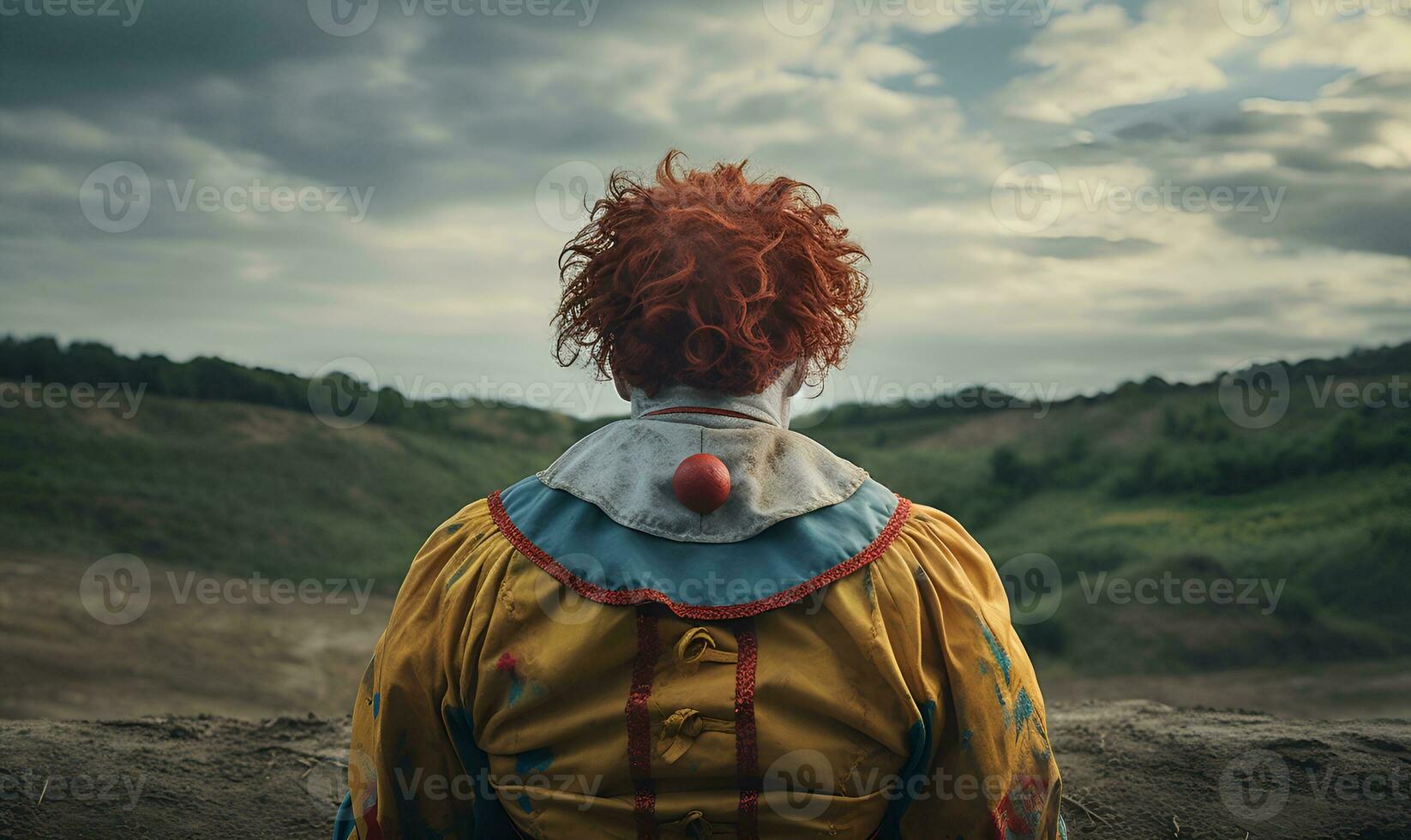 creepy clown view from behind with gloomy view, generative ai photo