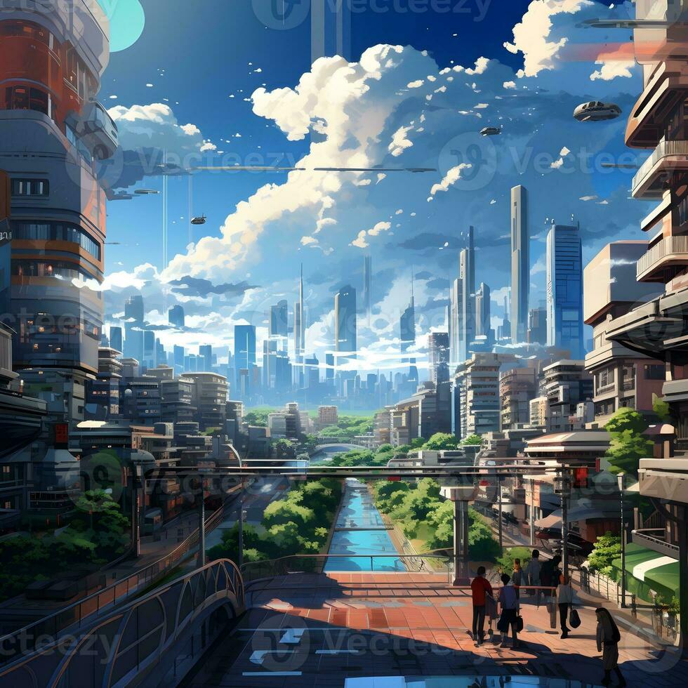 city view with japanese style animation, ai generative photo