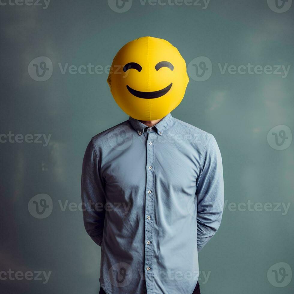 man in shirt covering face with happy smiling emoji, generative ai photo