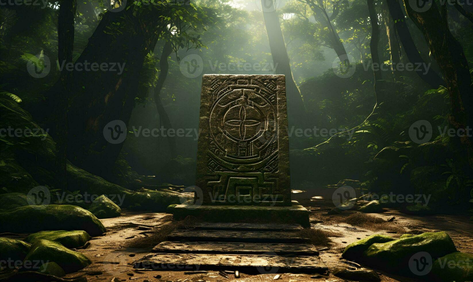 ancient inscriptions in old and mossy green rainforest generative ai photo