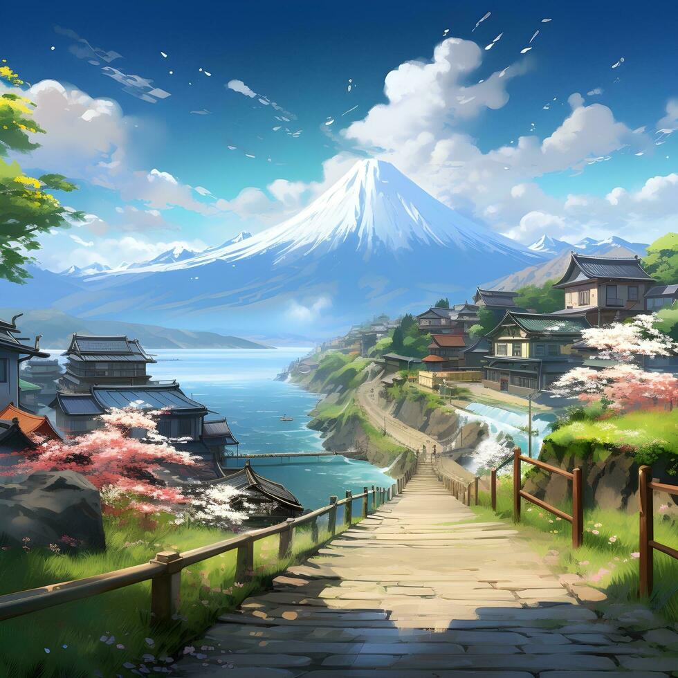 Japanese village natural scenery in animation, generative ai photo