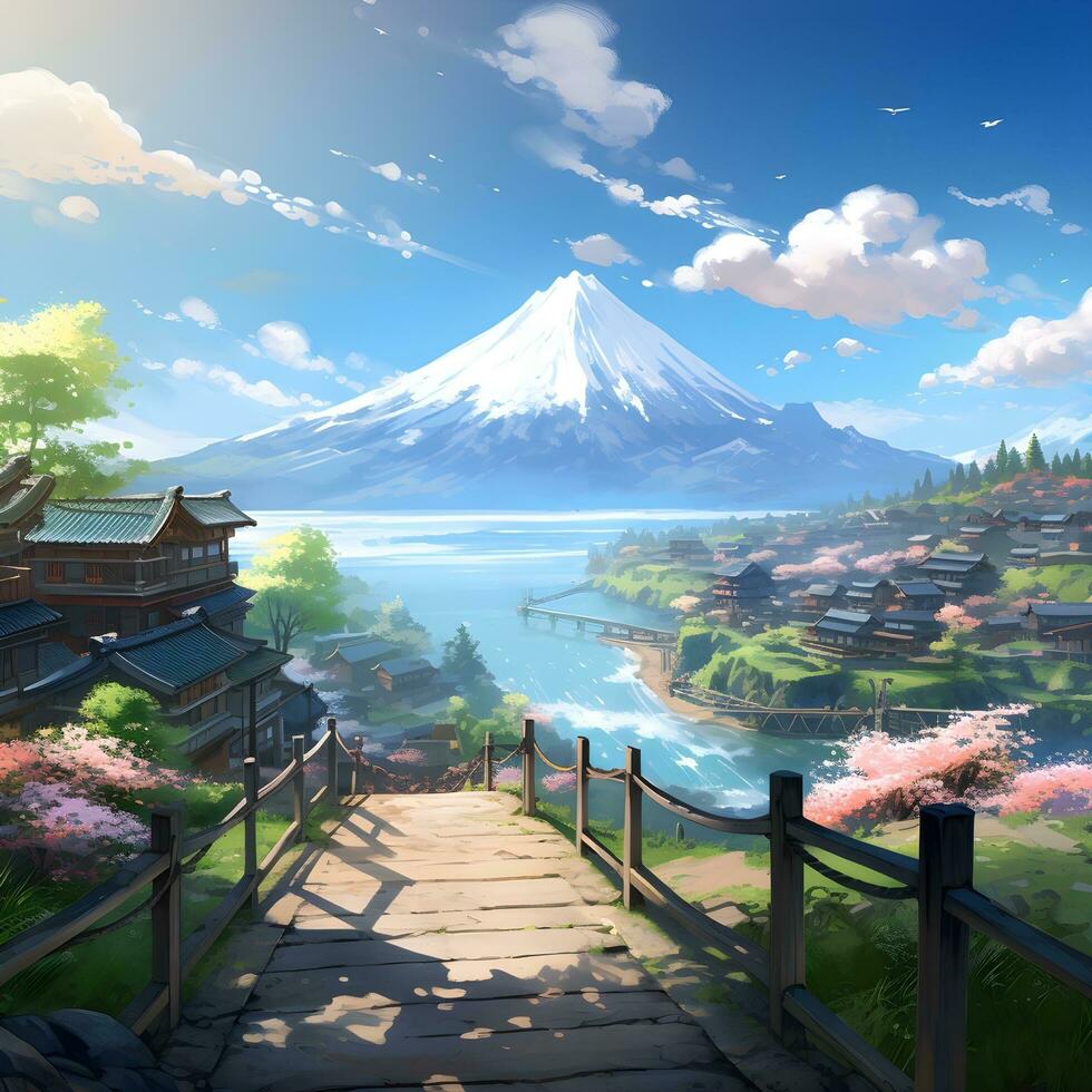 Japanese village natural scenery in animation, generative ai photo