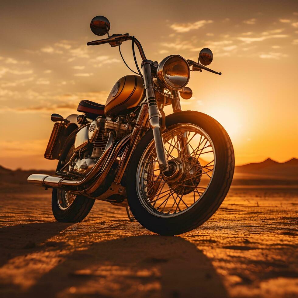 classic male motorbike on dusty badlands with sunset background, generative ai photo