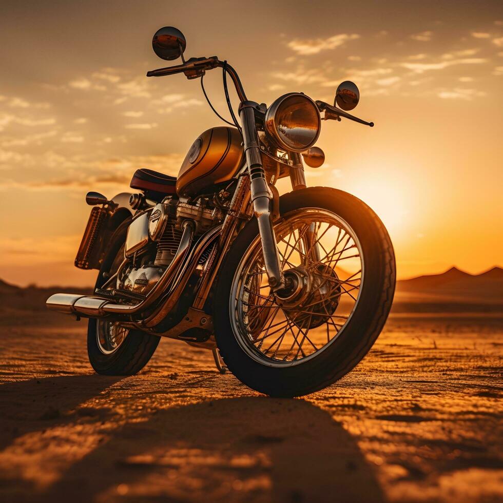 classic male motorbike on dusty badlands with sunset background, generative ai photo