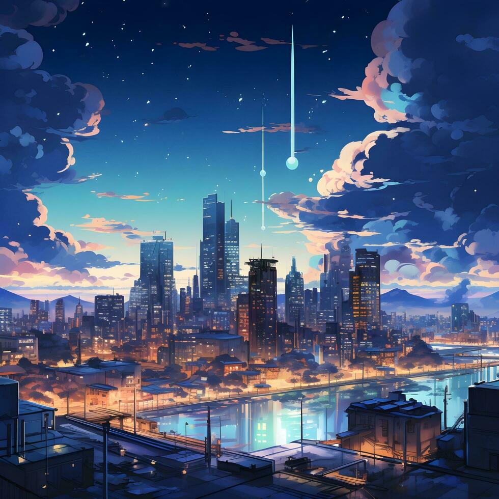 city view with japanese style animation, ai generative photo