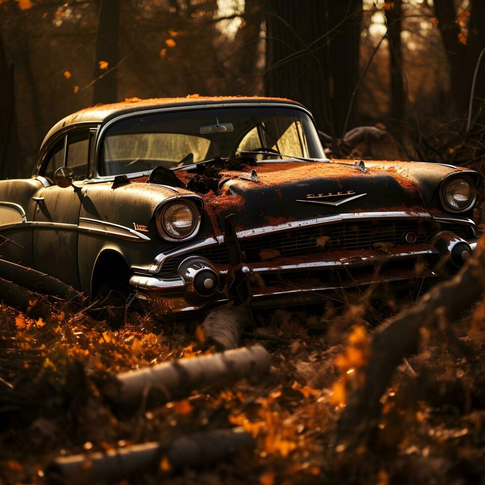 antiguo roto coche abandonado en el bosque, ai generativo foto