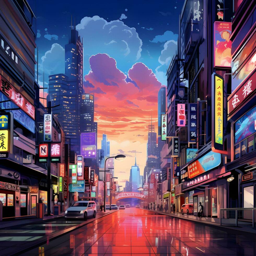 city view with japanese style animation, ai generative photo