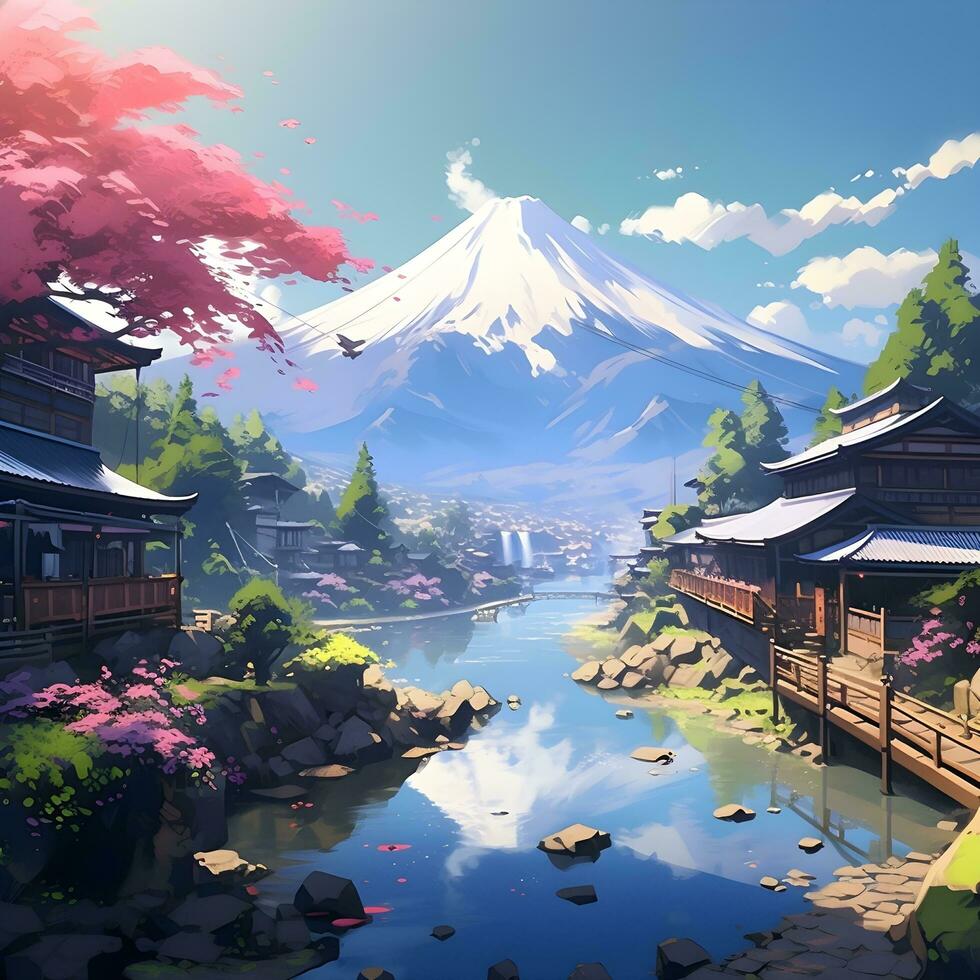 Japanese village natural scenery in animation, generative ai photo