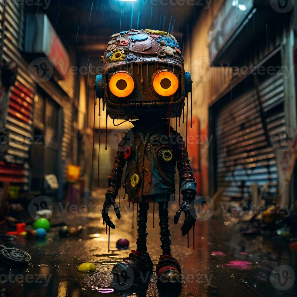 humanoid robot in a seedy cyberpunk city alley, generative ai photo
