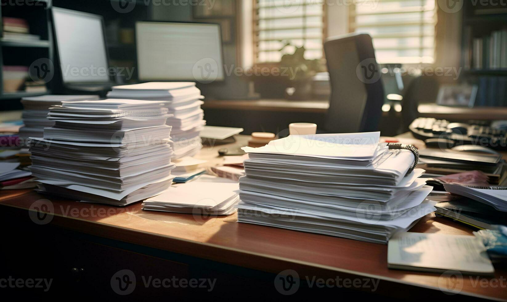 huge pile of paper on work desk deadline concept, ai generative photo