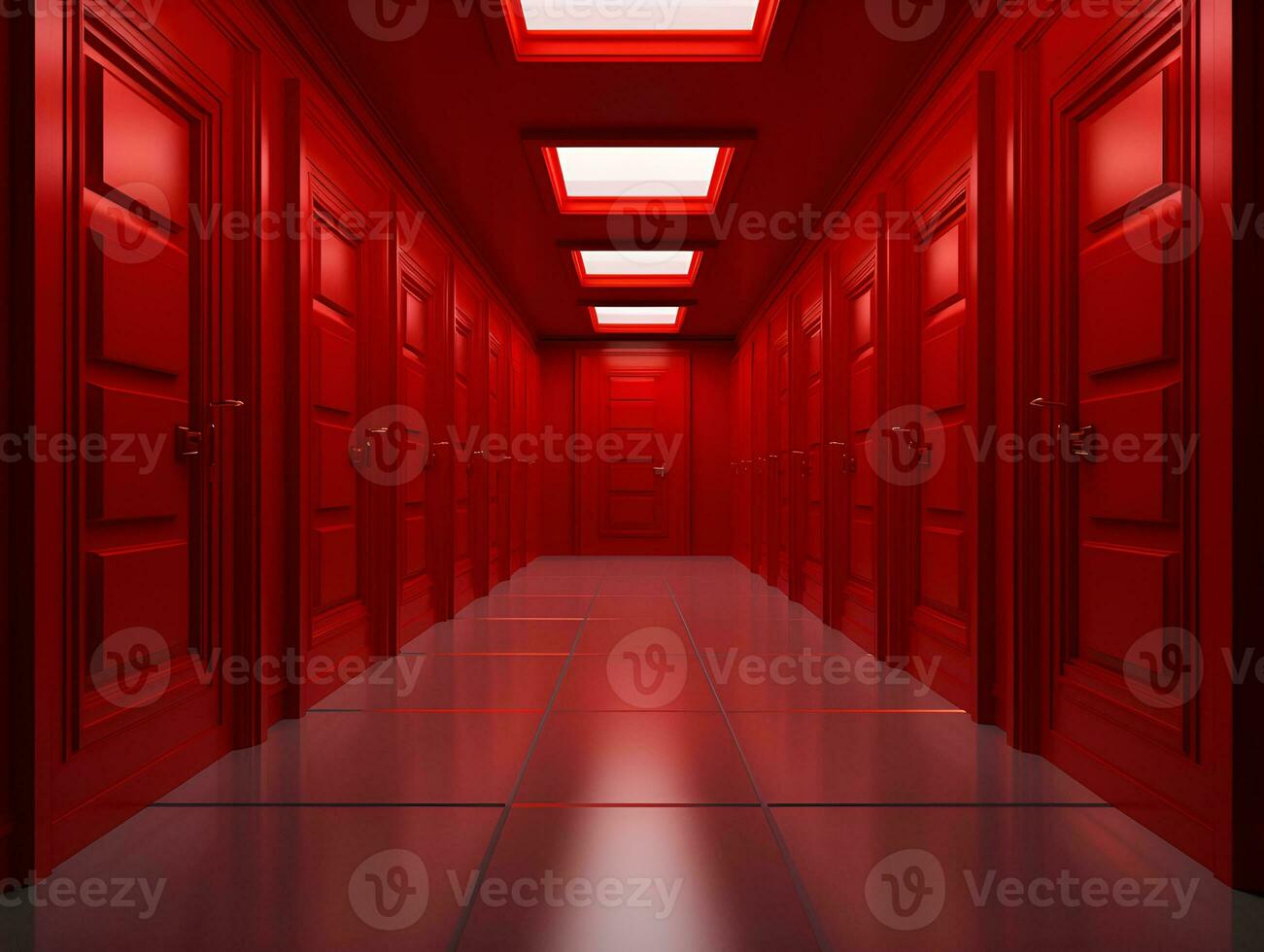 hallway with many red doors, ai generative photo
