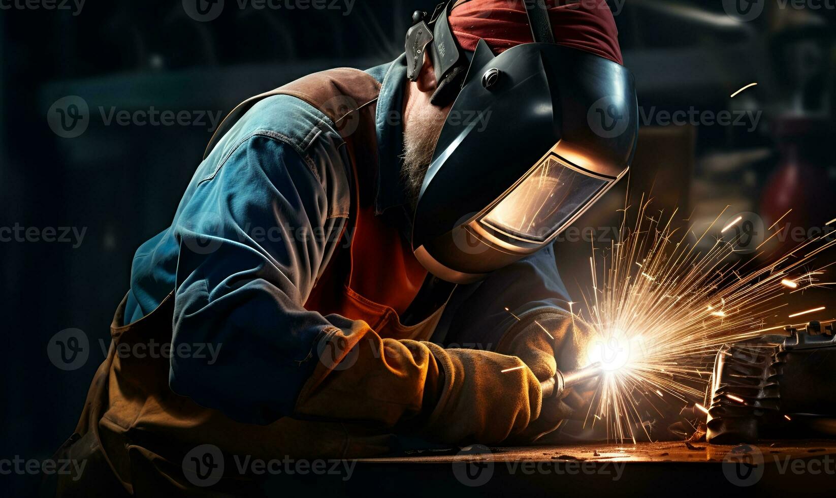 welder wearing helmet welding with sparks, ai generative photo
