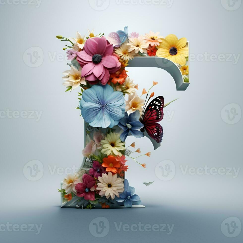 3d letter f with floral texture flower concept, ai generative photo