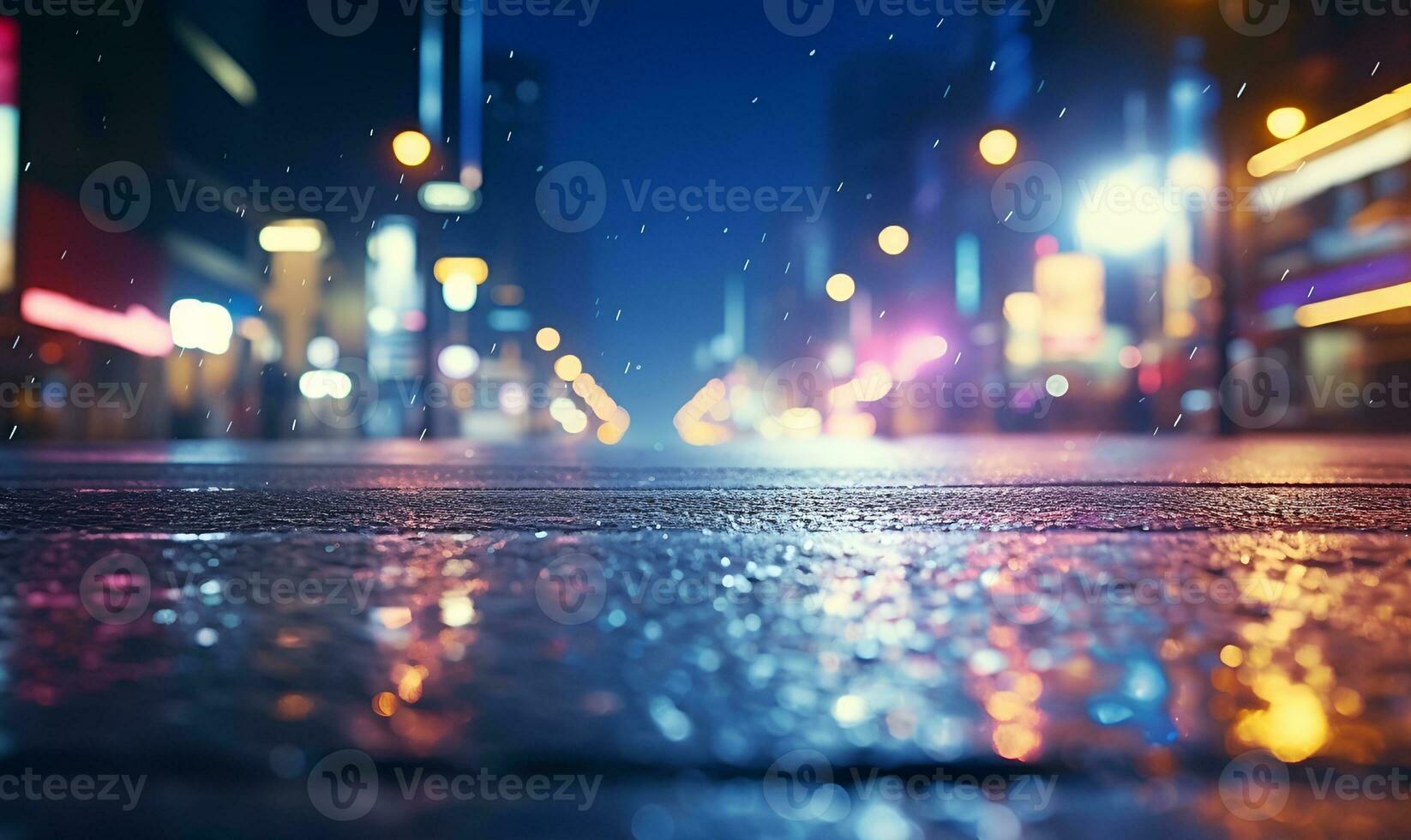 Focus on city streets at night with blurry light background, AI generative photo