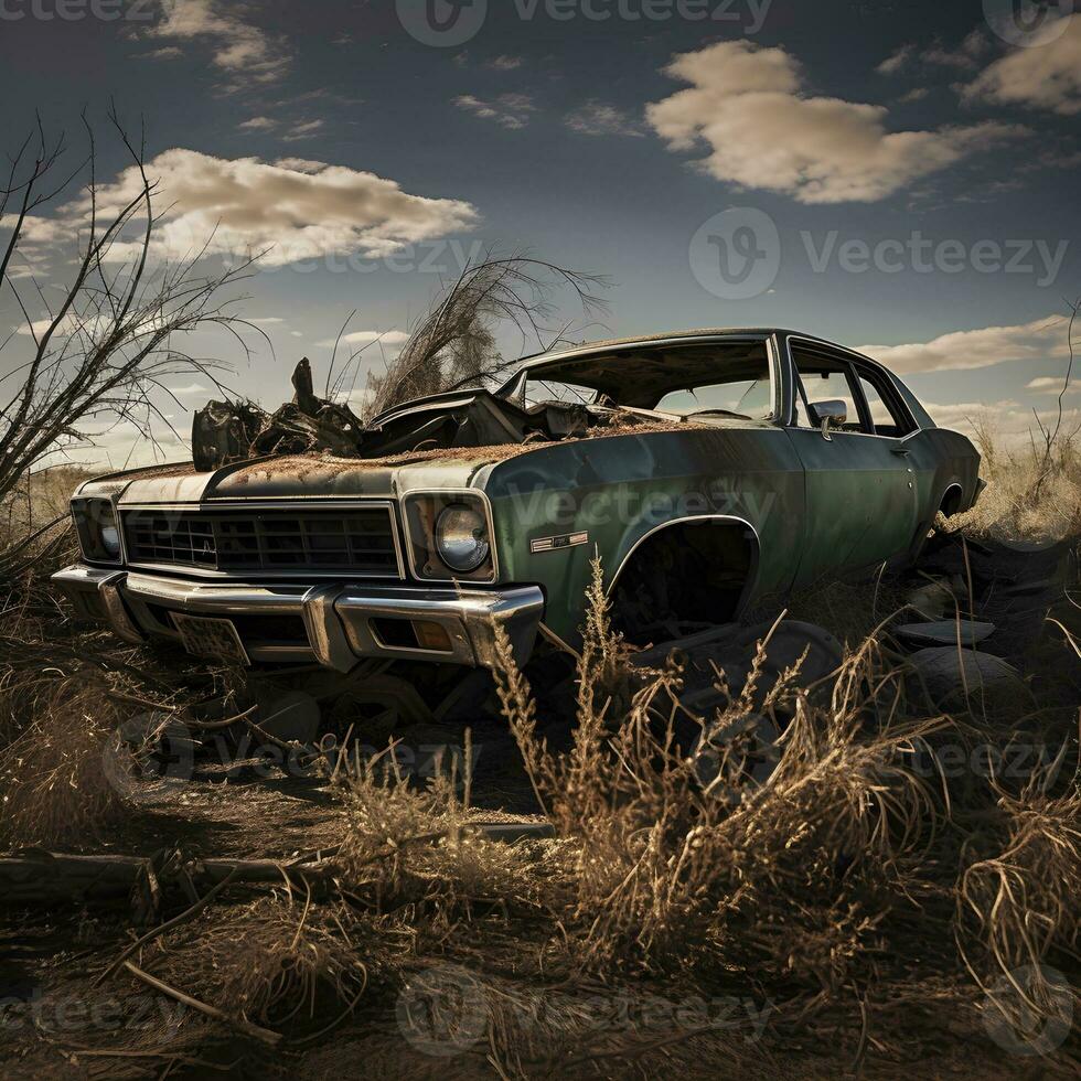 roto coche abandonado en campo, generativo ai foto