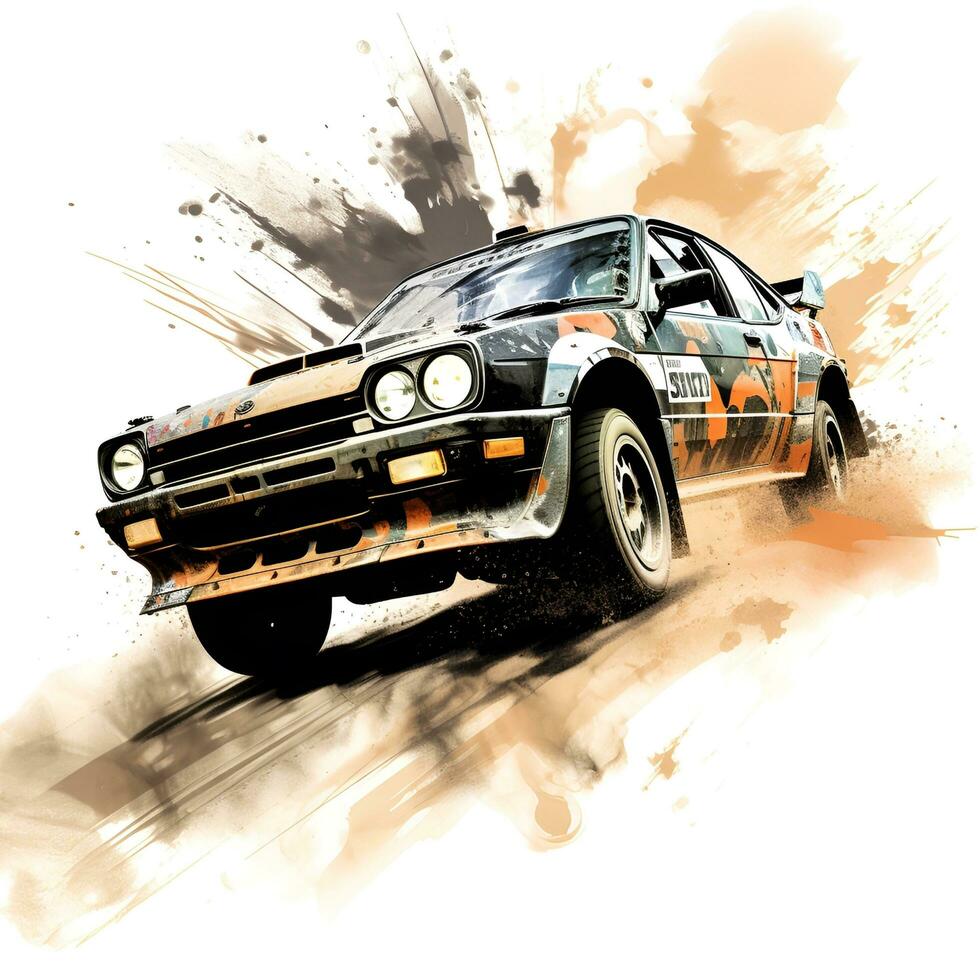 rally racing car with dust effect and ink paint art, ai generative photo