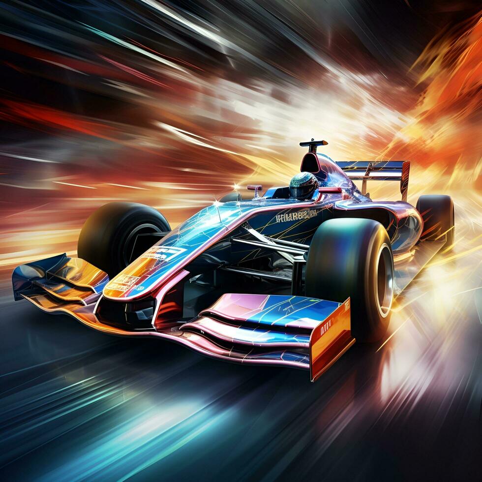 Formula racing cars in high speed with neon effects, AI generative photo