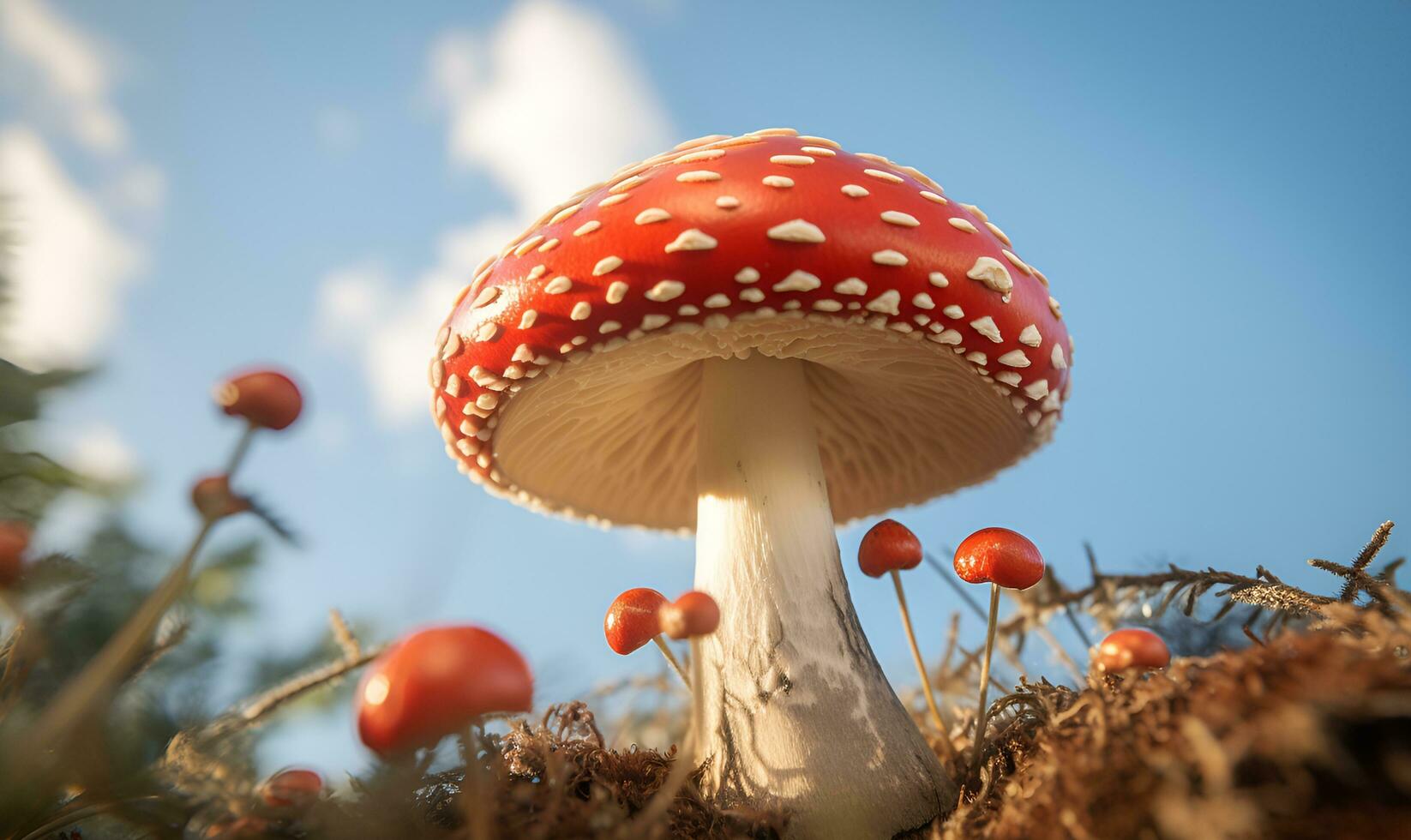 amanita mushrooms focus in the wild, ai generative photo