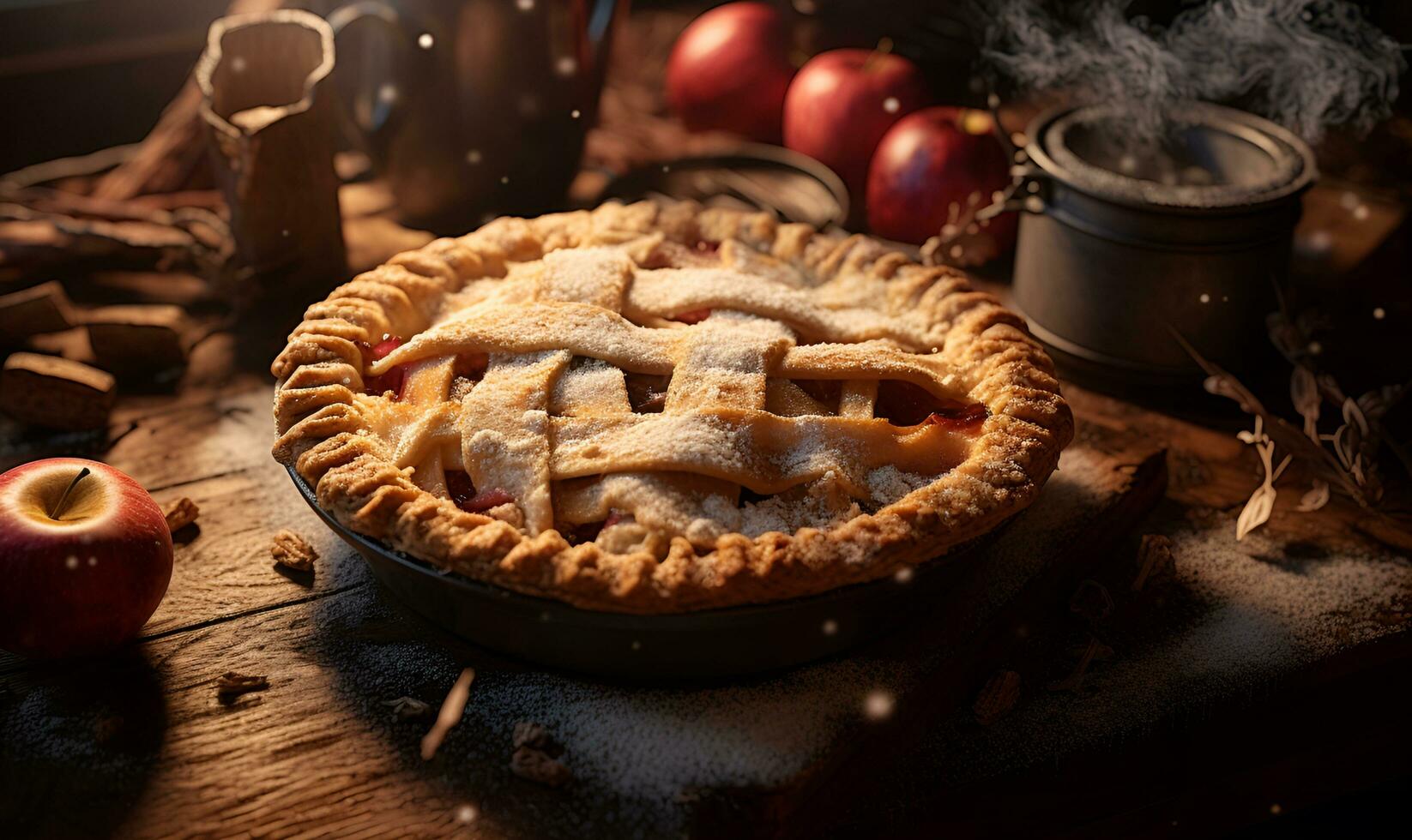 sugar sprinkled apple pie on table, generative ai photo