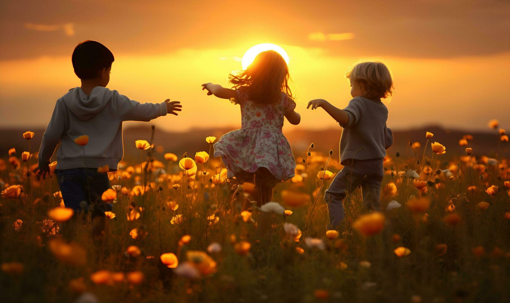 niños jugando en flor campo con atardecer, generativo ai foto