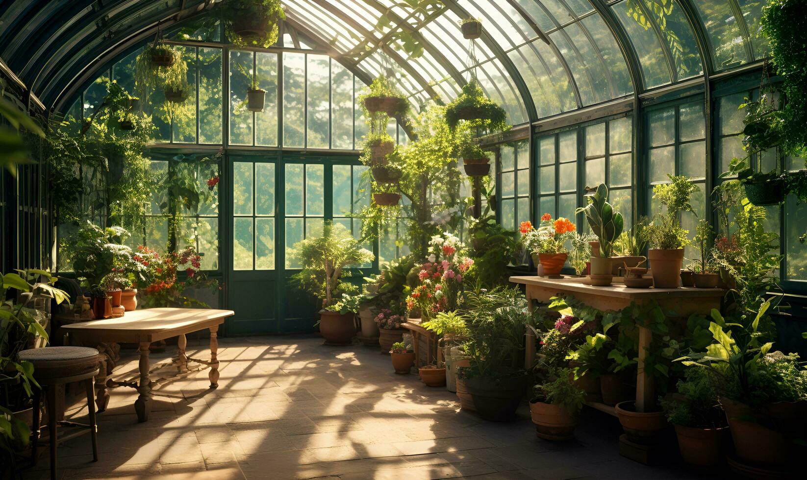 inside a greenhouse plant and interior, ai generative photo