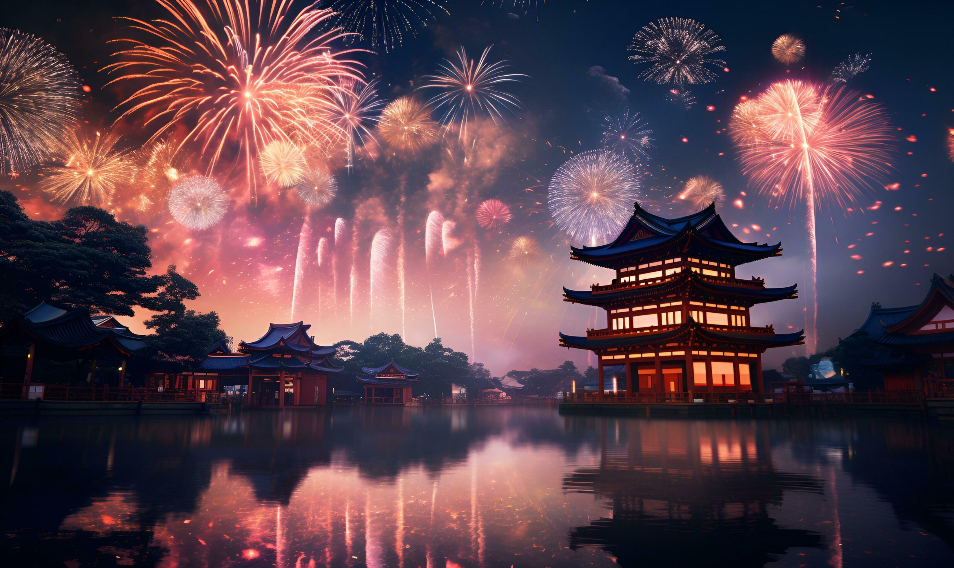 Japanese night fireworks festival with typical Japanese buildings, AI