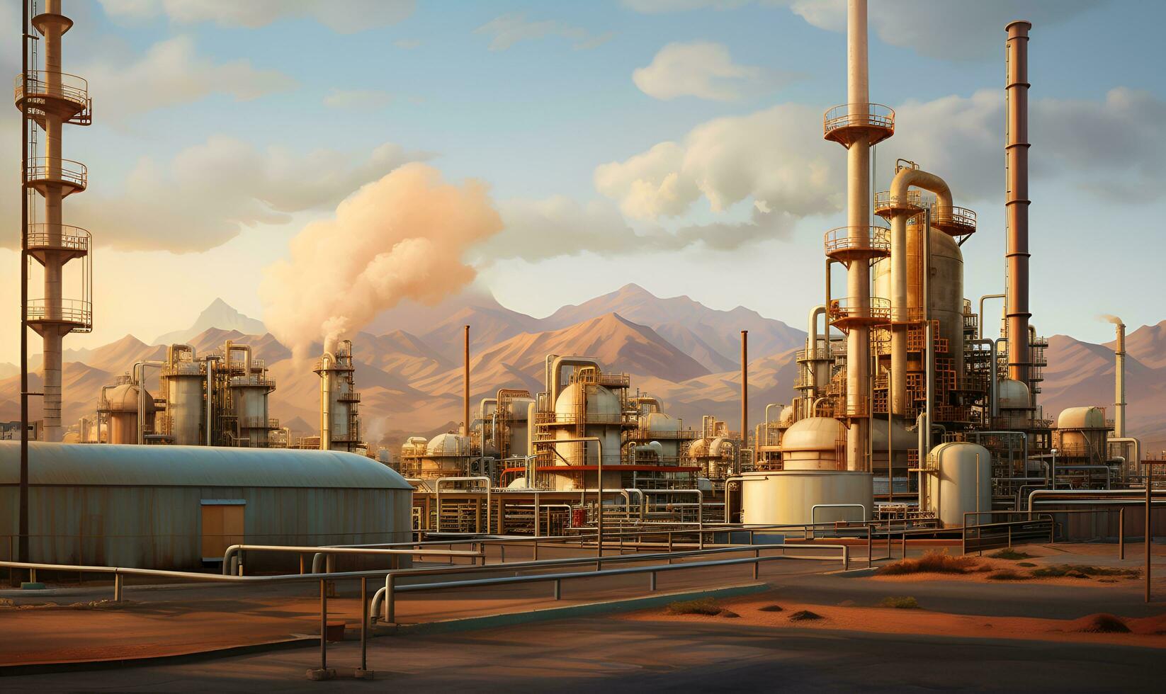 giant oil refinery factory in desert, ai generative photo