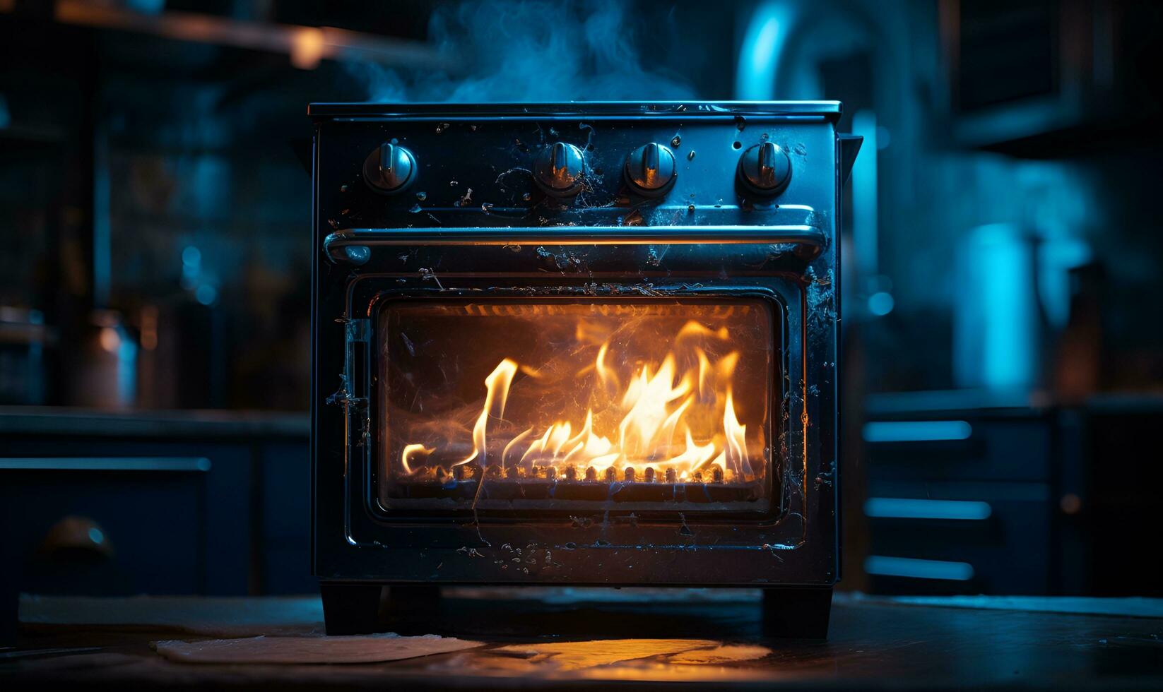 oven with fire in it in the kitchen, ai generative photo