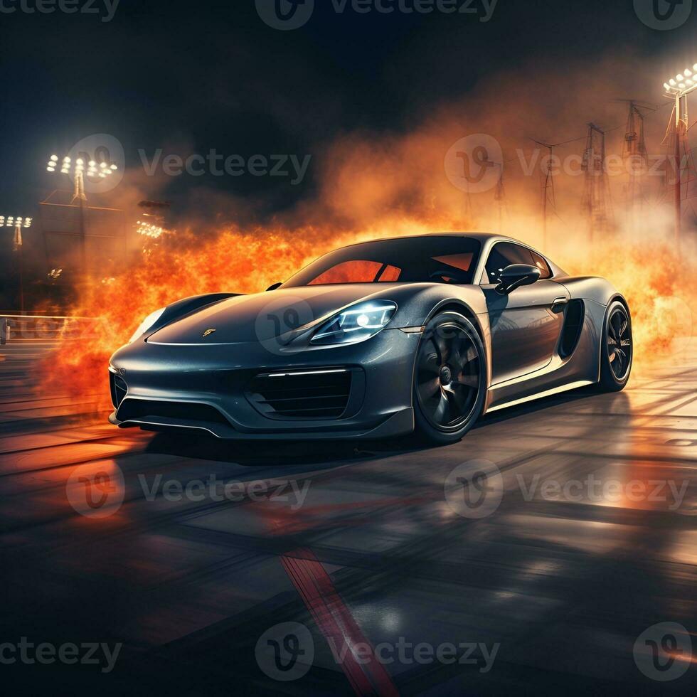 luxury sports sedan car with dramatic smoke and fire effects, ai generative photo