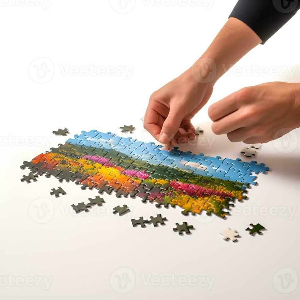hands putting together a jigsaw puzzle on a white background, ai generative photo