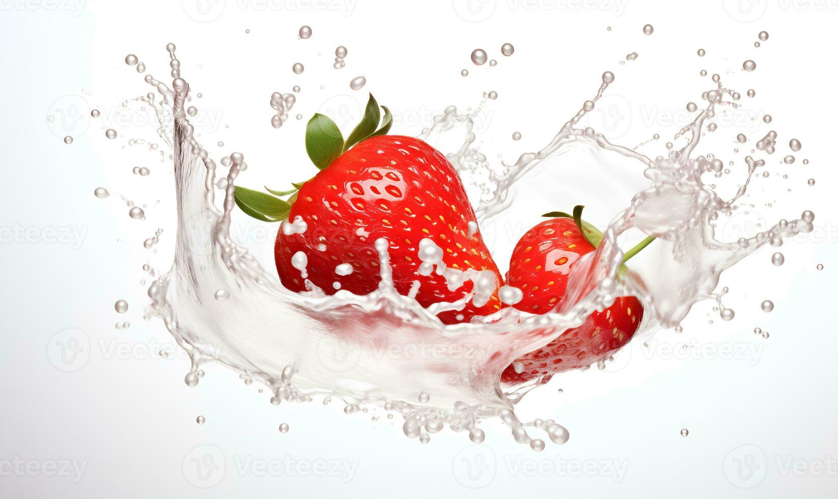 strawberries and milk splash white background, ai generative photo
