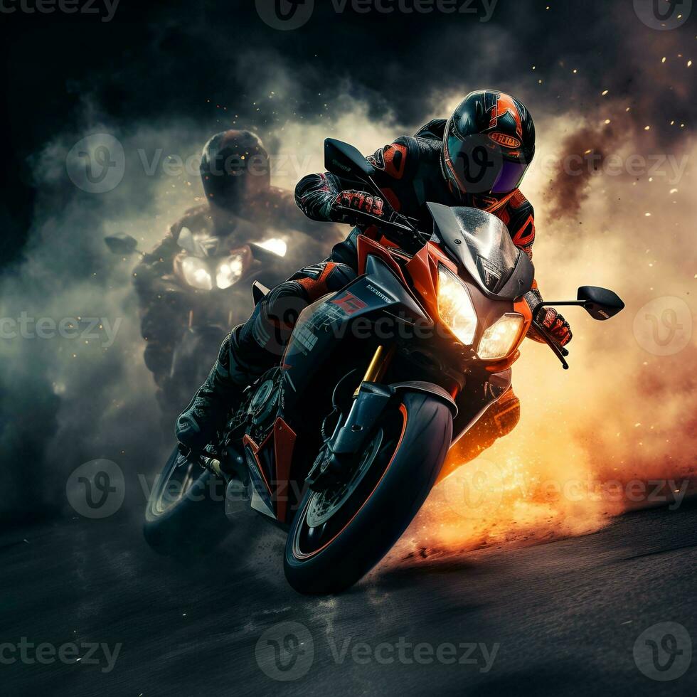 calle carreras moto con dramático fumar efecto, generativo ai foto