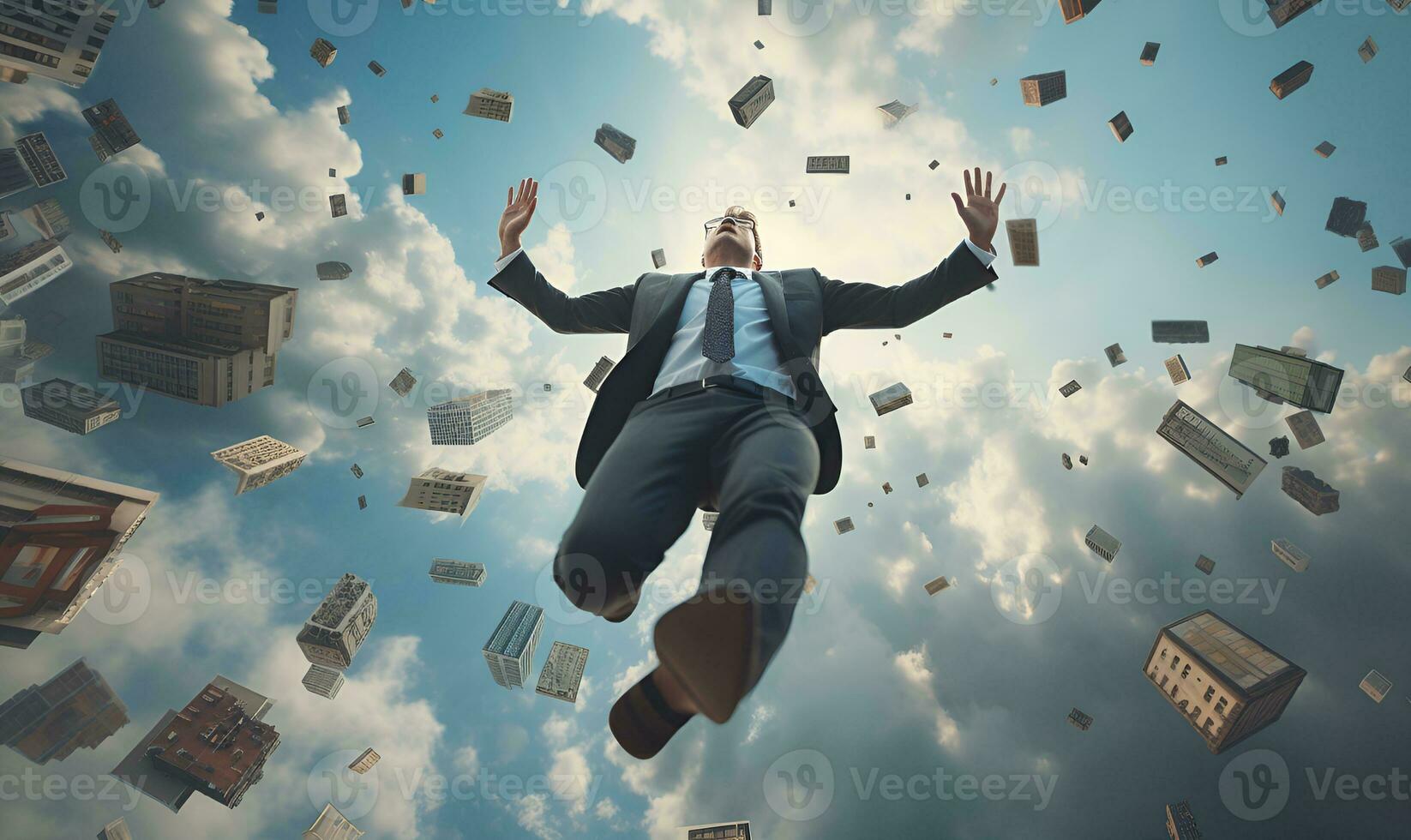 office workers and equipment falling from the sky, ai generative photo