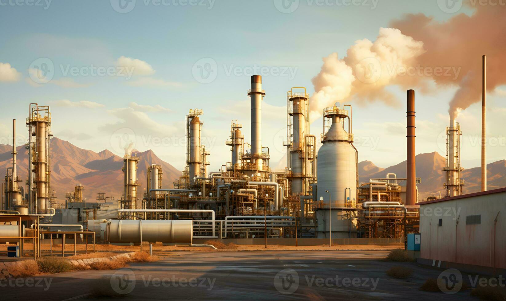 large oil refinery factory in the desert, ai generative photo