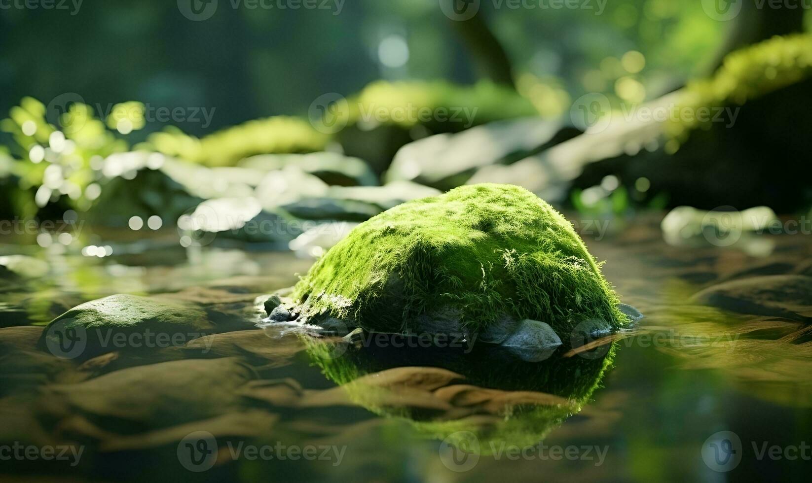 mossy rocks that arise on the surface of rivers, ai generative photo